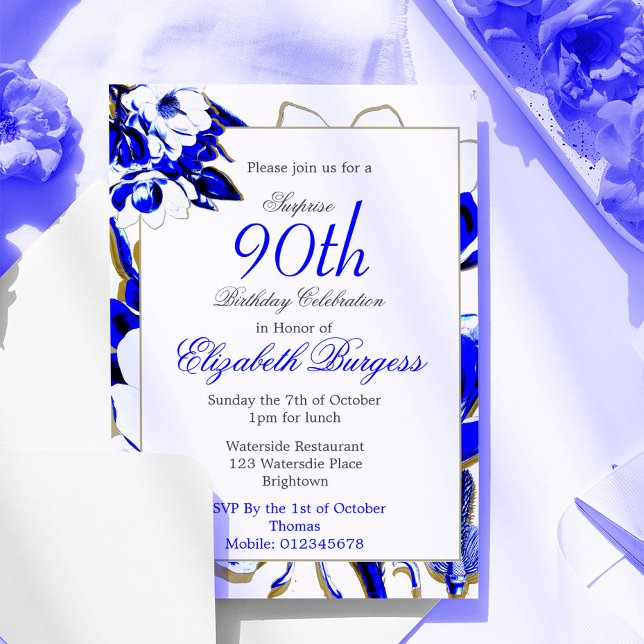 Convites Aniversário do Elegante 90 Floral Azul e Primavera (Criador carregado)