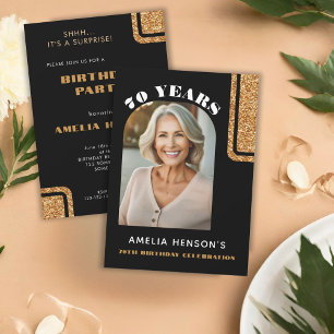 Convites Aniversário do Elegante Black Dourado Glitter Phot