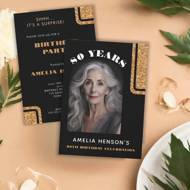 Convites Aniversário do Elegante Black Dourado Glitter Phot (Criador carregado)