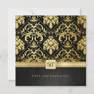 Convites Aniversário do Elegante Black e Dourado Damask 50