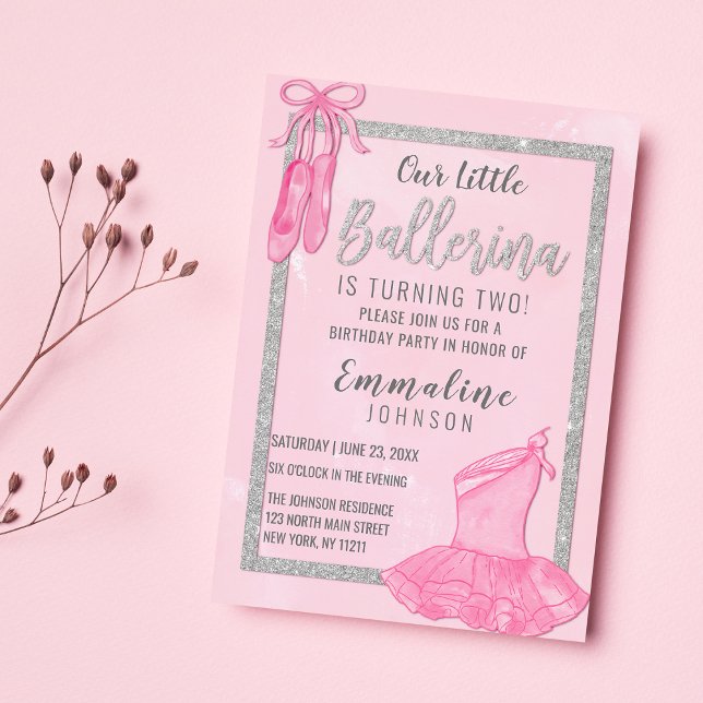 Convites Aniversário do Elegante cor-de-prata rosa bailarin (Elegant pink silver ballerina watercolor Birthday)