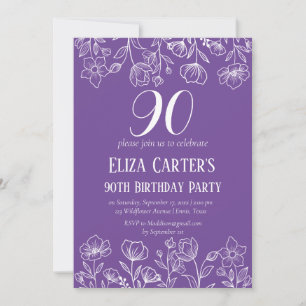 Convites Aniversário do Elegante Floral do 90 90 Lilás Roxo