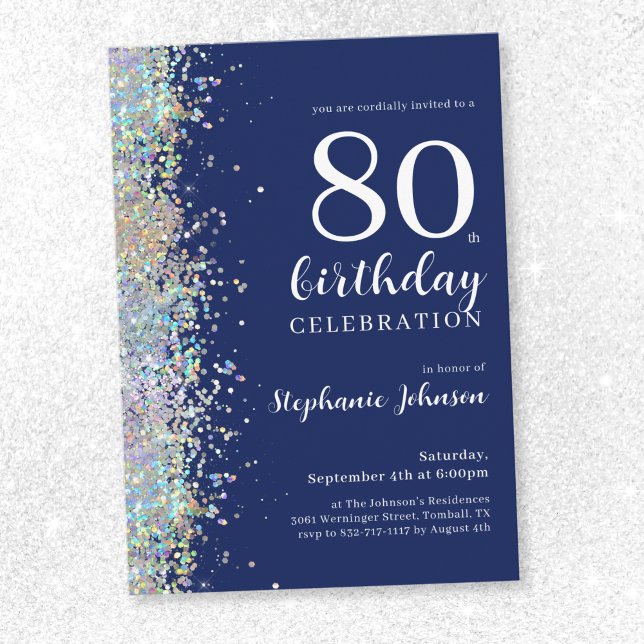 Convites Aniversário do Elegante Marinho Azul-80 ( 
Elegant Glitter Navy Blue 80th Birthday Invitation)