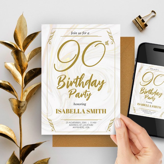 Convites Aniversário do Elegante Moderno da Dourada Caligra (90th Birthday Party Elegant Modern Gold Invitation, Bday Invite)