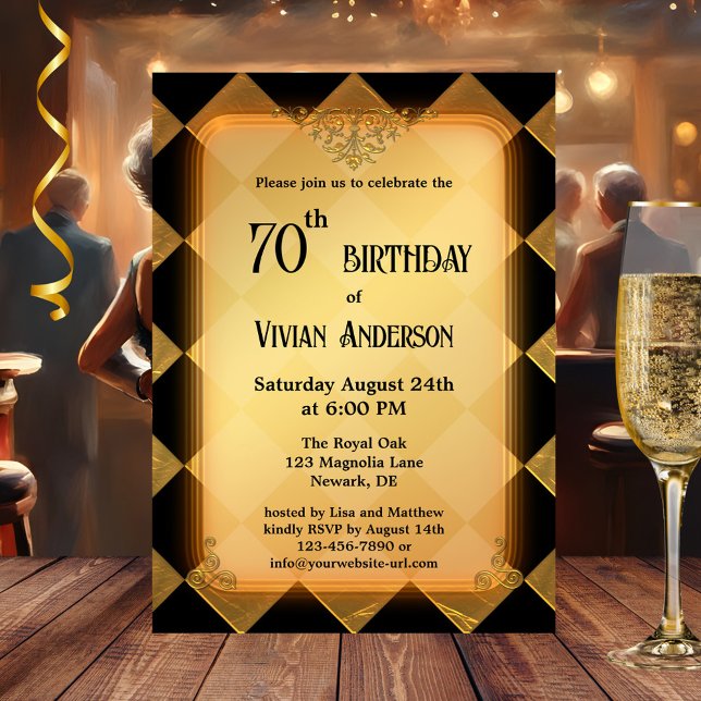 Convites Aniversário do Elegante Negro Dourado Clássico (Elegant adult birthday party invitation in gold and black with a checkered background)