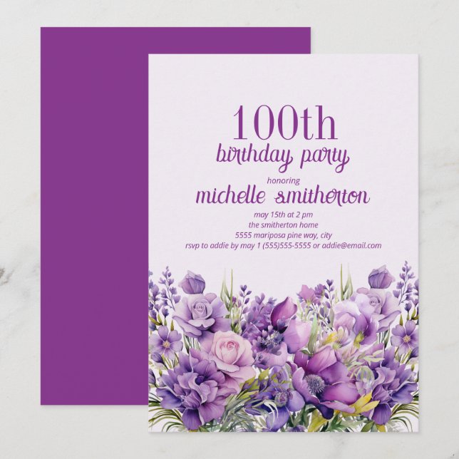 Convites Aniversário do Elegante Purple Watercolor Floral 1 (Frente/Verso)