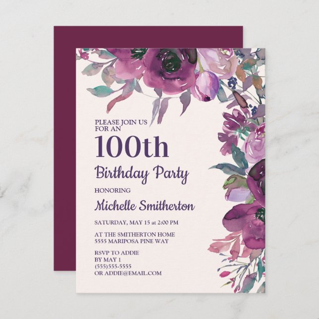 Convites Aniversário do Elegante Purple Watercolor Floral 1 (Frente/Verso)