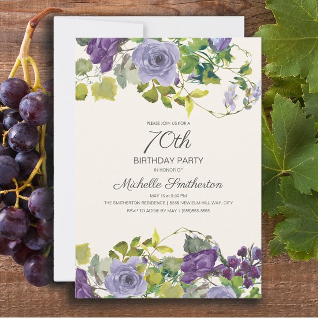 Convites Aniversário do Elegante Purple Watercolor Floral 7 (Elegant purple watercolor floral 70th birthday party invitation for adults. )
