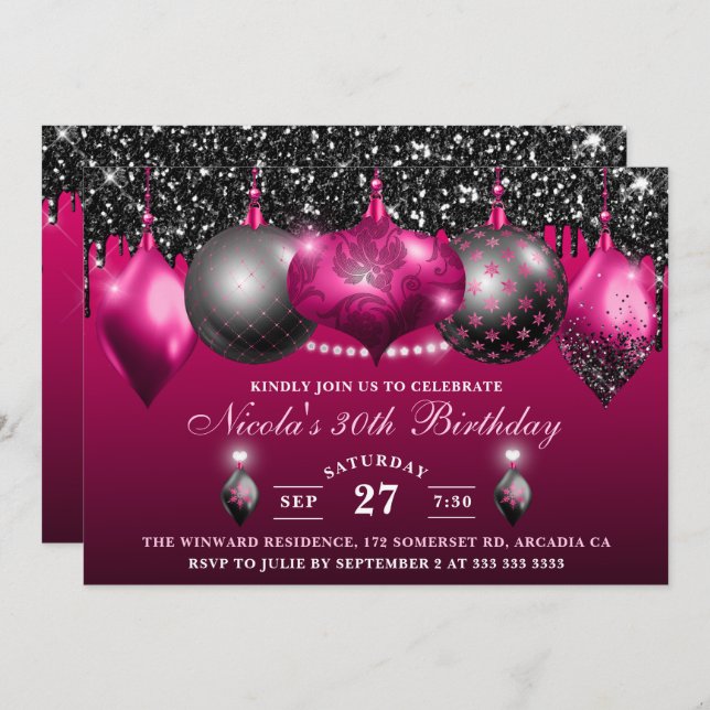 Convites Aniversário do Elegante Rosa Quente e Barrafa Negr (Frente/Verso)