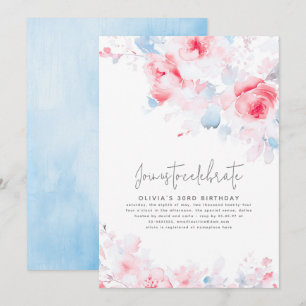Convites Aniversário do Elegente Floral Rosa e Azul