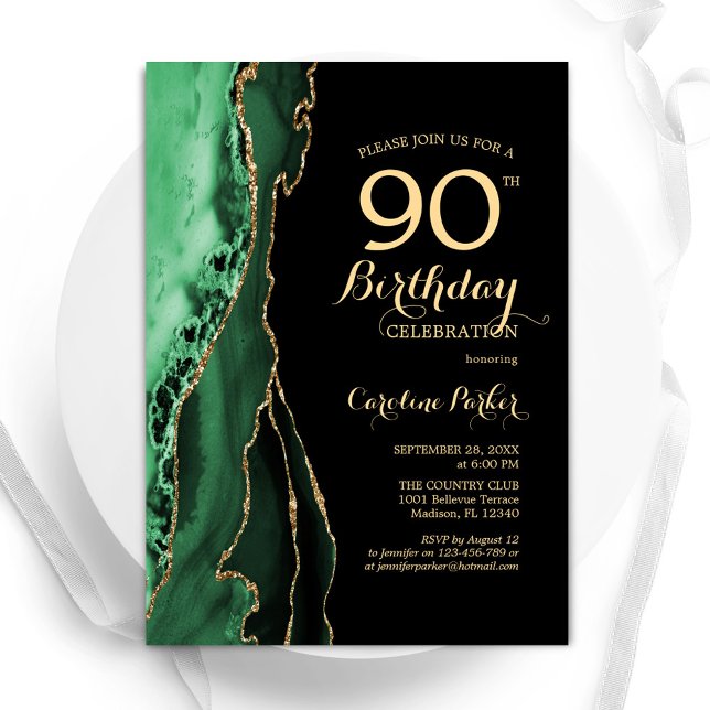 Convites Aniversário do Emerald Green Agate Dourado Black 9 (Criador carregado)