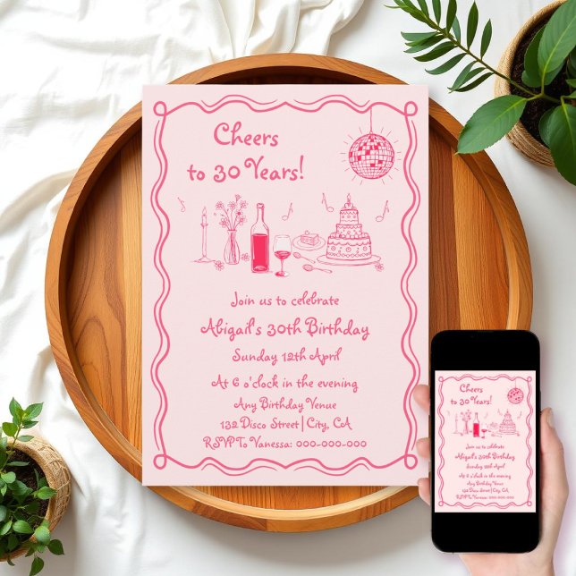 Convites Aniversário do escrivo rosa-quente retrô (Criador carregado)