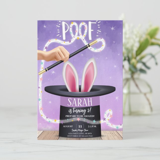 Convites Aniversário do espetáculo de magia roxa (Em pé/Frente)