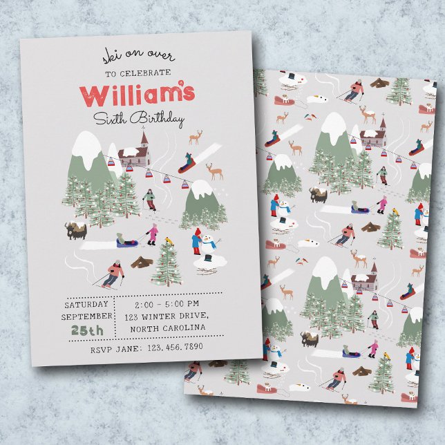 Convites Aniversário do Esqui da Montanha Ski da Neve de in (Winter Snow Skiing Mountain Ski Slopes Birthday Invitation)