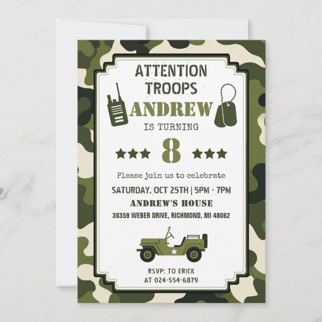 Convites Aniversário do Exército com Camuflagem Pessoal (Frente)