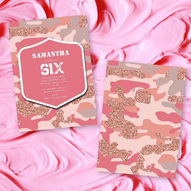 Convites Aniversário do Exército de Camo Rosa Rosa-Rosa, Ro (Camouflage Rose Gold Blush Pink Camo Army Birthday Invitation)