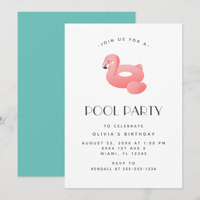 Convites Aniversário do Festa de Piscina Flamingo Float (Frente/Verso)