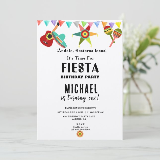 Convites Aniversário do Fiesta Mexicano Amarelo-Rosa Azul (Em pé/Frente)