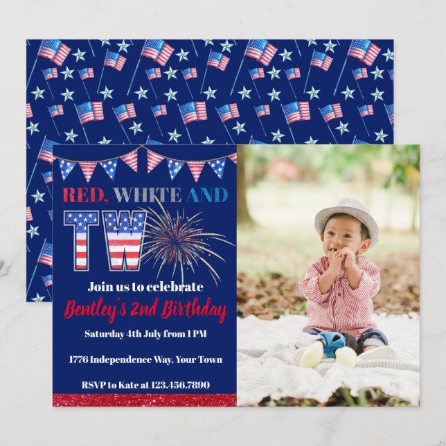 Convites Aniversário do Firecracker Branco Vermelho e Dois (Frente/Verso)