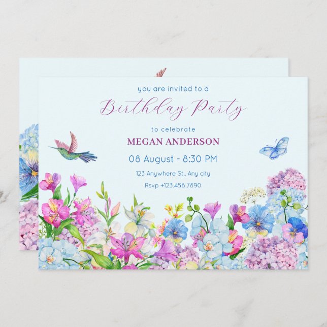 Convites Aniversário do Flor Azul Purple Watercolor (Frente/Verso)