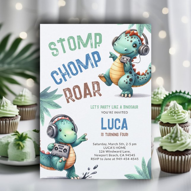 Convites Aniversário do Garoto do Chomp Roar Chomp Dance St (dinosaur boy birthday party dino stomp chomp roar funny watercolor music dance prehistoric wild)