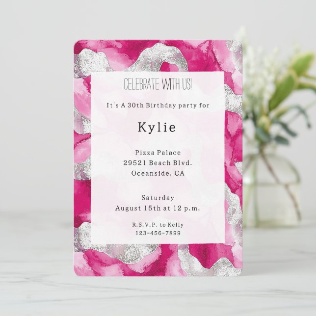 Convites Aniversário do Glam Prateado Rosa (Em pé/Frente)