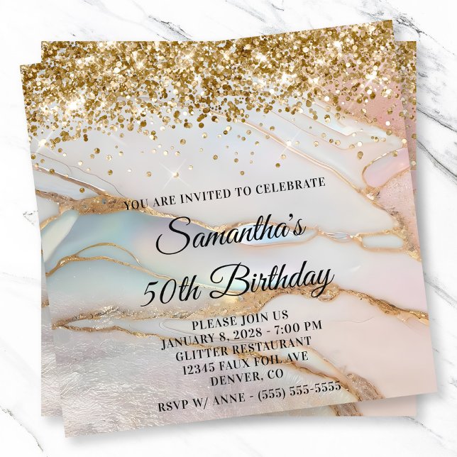Convites Aniversário do Glittery Dourado Marbled Opal 50º (Glittery Gold Marbled Opal 50th Birthday Invitation)