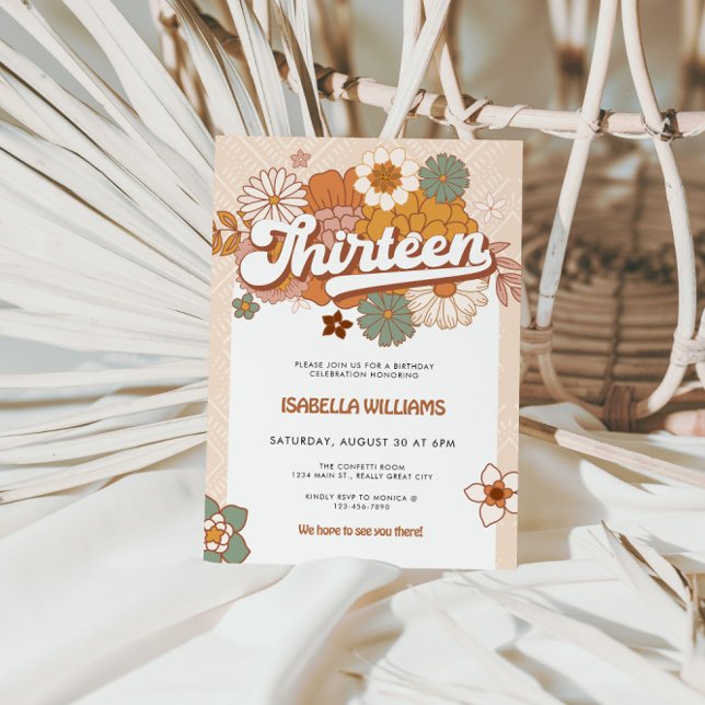 Convites Aniversário do Groovy Retro 13 (Groovy Retro 13th Birthday Party Invite)