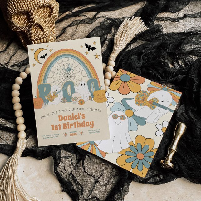 Convites Aniversário do Groovy Retro Halloween Ghost Boy (Criador carregado)