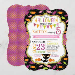 Convites Aniversário do Halloween Candy Black Cat Pumpkins