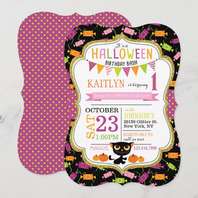 Convites Aniversário do Halloween Candy Black Cat Pumpkins (Frente/Verso)