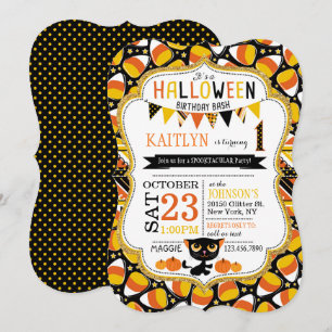 Convites Aniversário do Halloween Candy Corn Black Cat Pum