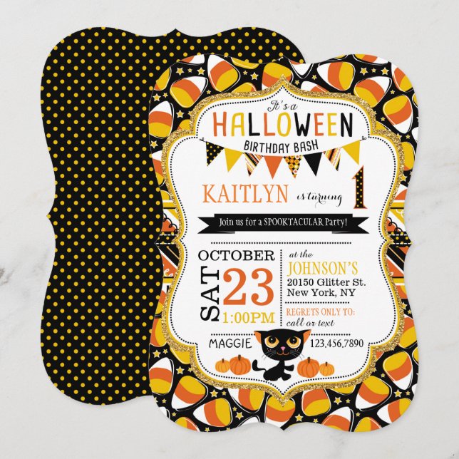 Convites Aniversário do Halloween Candy Corn Black Cat Pump (Frente/Verso)