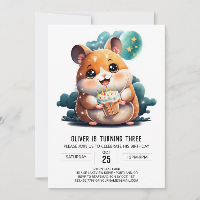 Convites Aniversário do Hamster Imprimível com Watercolor (Frente)