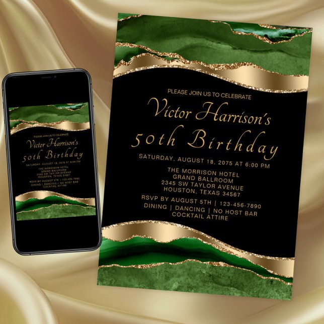 Convites Aniversário do Homem Esmeralda Verde Dourado Ágata (Emerald green gold any event invitation. Instant download and printed invitations available.)