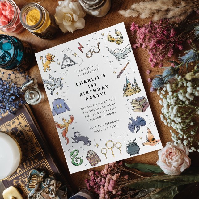 Convites Aniversário do Ícone Harry Potter (Invitation on simulated table)