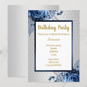 CONVITES ANIVERSÁRIO DO IMPRESSÃO FLORAL DOURADO AZUL TODA