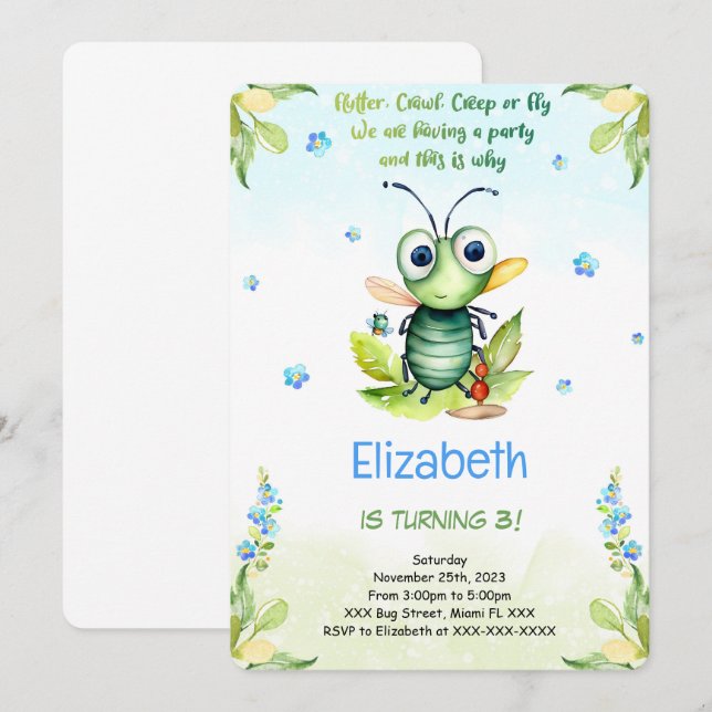 Convites Aniversário do Inseto Editável (Frente/Verso)