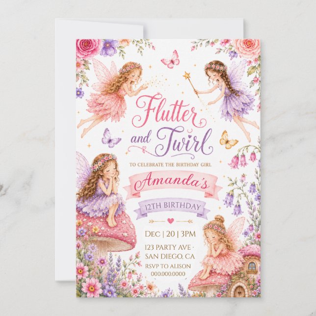 Convites Aniversário do Jardim das Fadas Flutter e Twirl (Frente)
