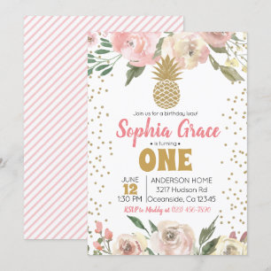 Convites Aniversário do Luau de Pineapple rosa e Dourado