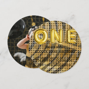 Convites Aniversário do Luxury Photo Black and Dourado dis