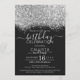 Convites Aniversário do Luxury Silver Black Glitter Confett