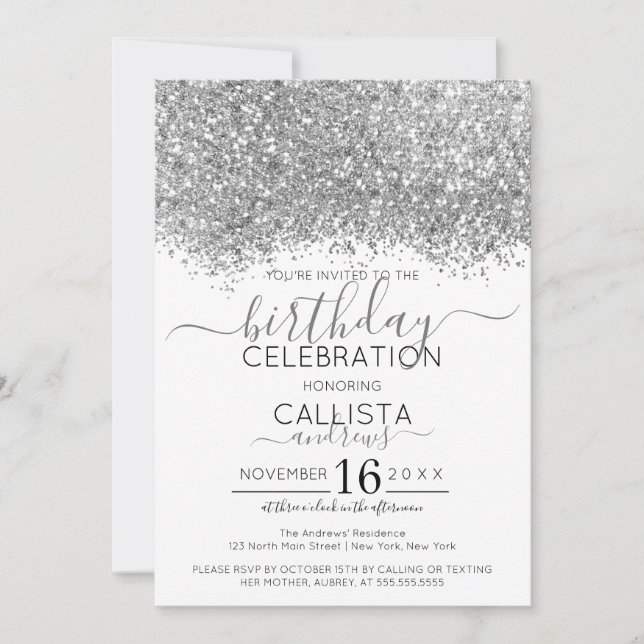 Convites Aniversário do Luxury Silver White Glitter Confett (Frente)