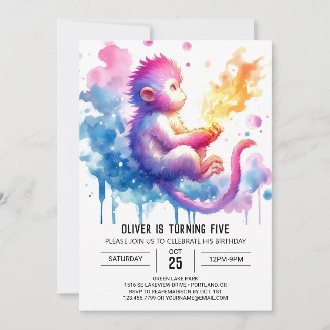 Convites Aniversário do Macaco Encantado com Aquarela (Frente)