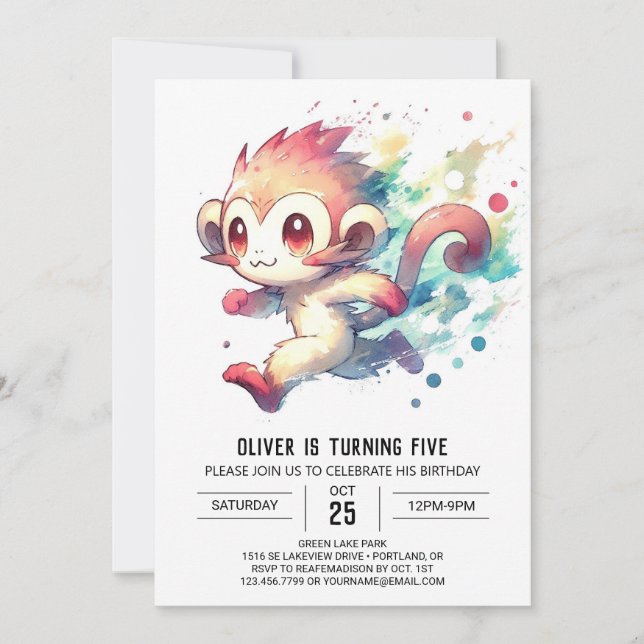 Convites Aniversário do Macaco Encantado com Aquarela (Frente)