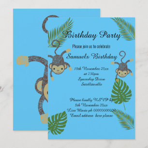 CONVITES ANIVERSÁRIO DO MACACO JUNGLE BLUE CHILDRENS AZUIS