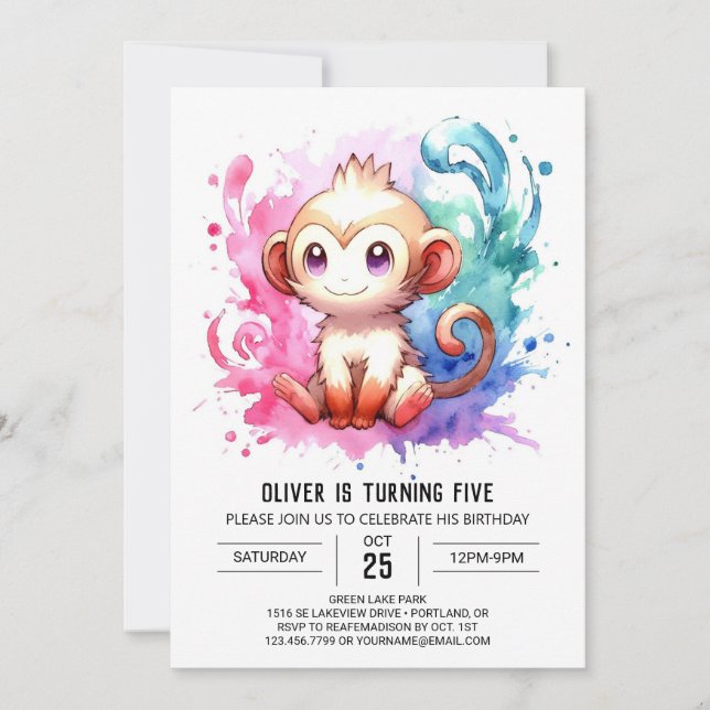 Convites Aniversário do Macaco Pastel Personalizado (Frente)