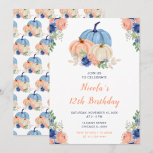 Convites Aniversário do marinho Blue e Blush Floral Pumpkin