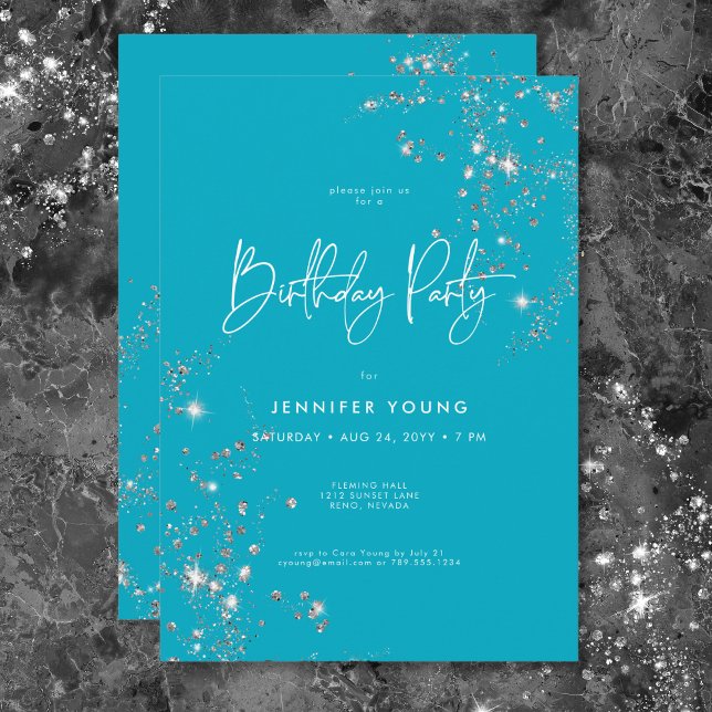 Convites Aniversário do Mínimo Moderno Glam Branco de Aqua (Modern Minimal Aqua White Glam Diamonds Birthday Invitation)