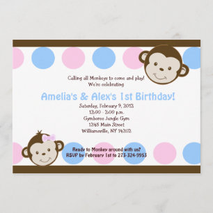 Convites Aniversário do Mod Monkey Twins Rosa/Azul 5x7